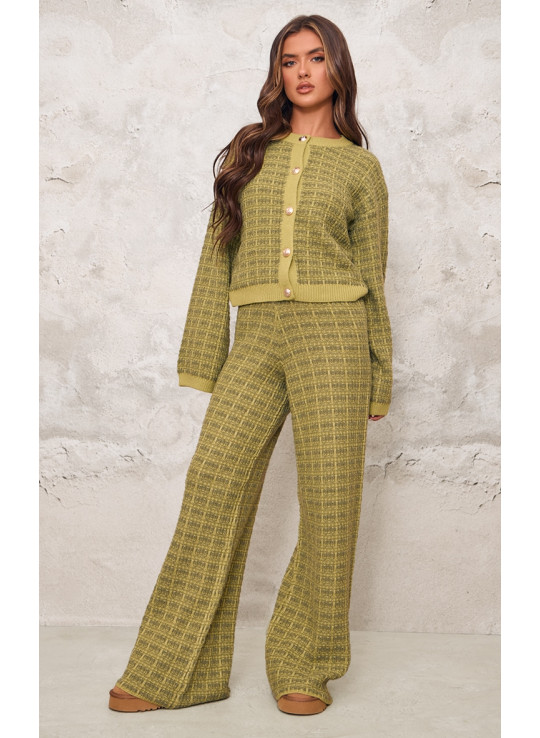 Оливкові трикотажні широкі брюки з букле