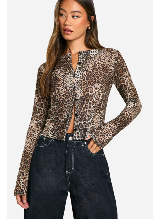 Високий леопардовий кардиган з високим вирізом Високий леопардовий кардиган з високим вирізом