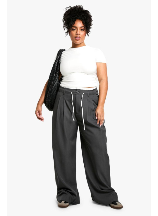 Плюс Fray Hem подвійна талія широкі ткані штани