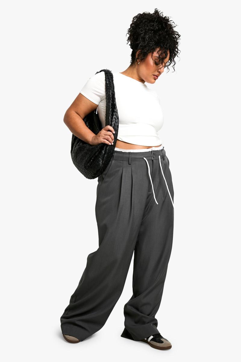 Плюс Fray Hem подвійна талія широкі ткані штани