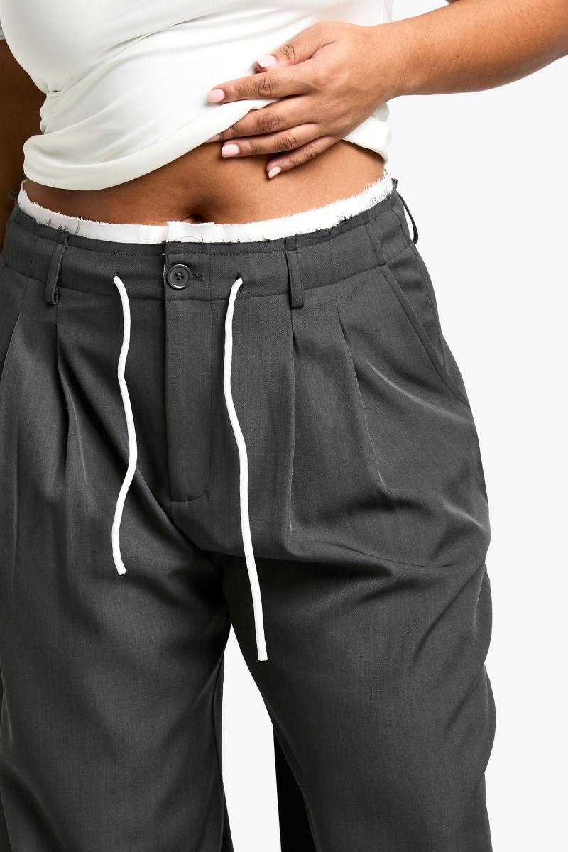 Плюс Fray Hem подвійна талія широкі ткані штани