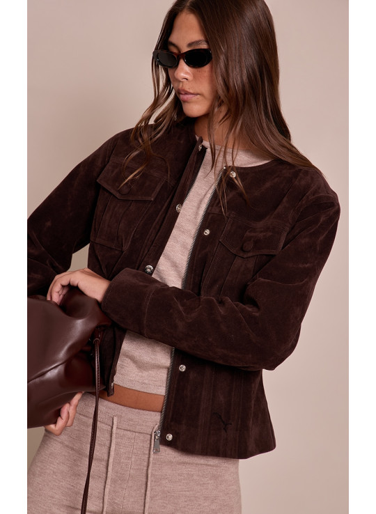 Шоколадна штучна замша, покрита кнопкою, піджак для талії Шоколадна штучна замша, покрита кнопкою, піджак для талії