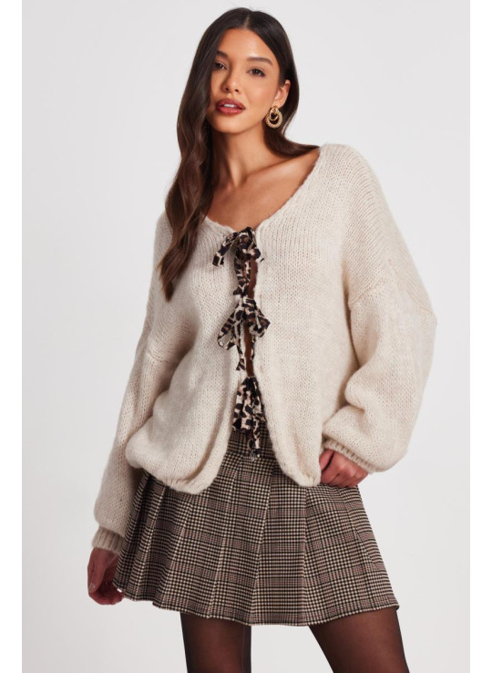 Біля білого трикотажного краватки передній кардиган Біля білого трикотажного краватки передній кардиган