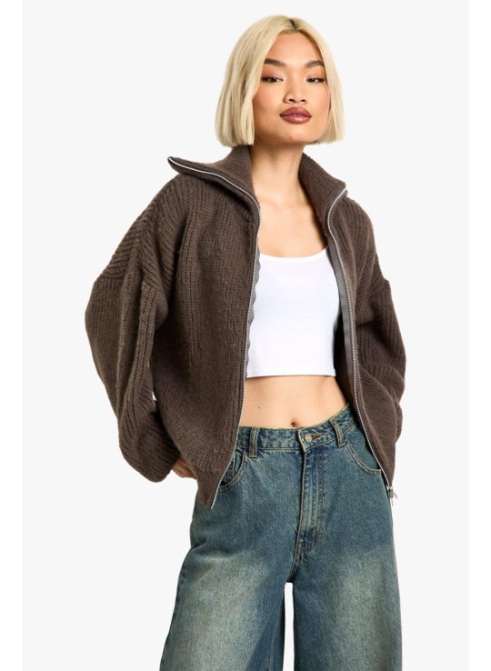 Подвійний кінцевий блискавка вгору в’язавши негабаритний кардиган Подвійний кінцевий блискавка вгору в’язавши негабаритний кардиган