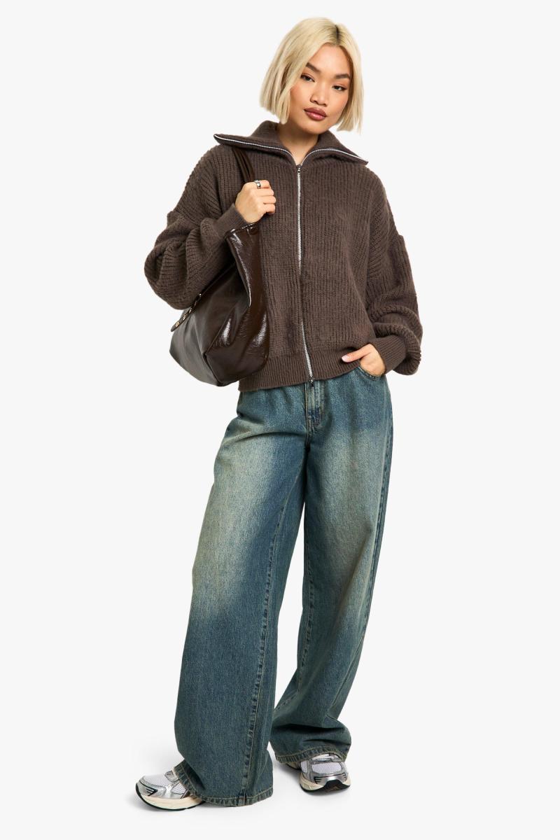 Подвійний кінцевий блискавка вгору в’язавши негабаритний кардиган