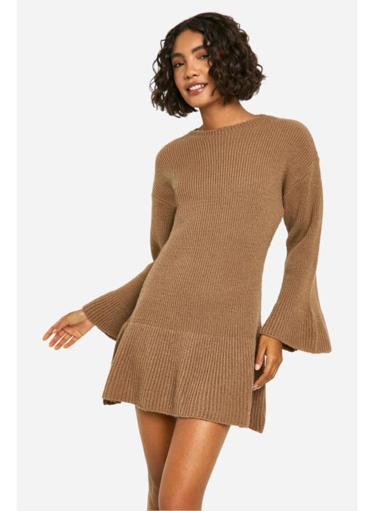 Висока трикотажна сукня з розкльошеними рукавами з щіткою