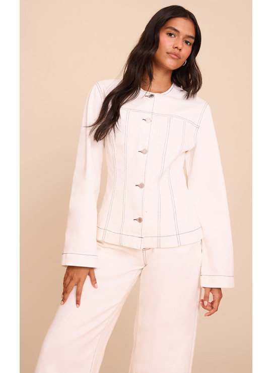 Білий контраст із стібком прищеплений джинсовим піджаками з довгим рукавом Білий контраст із стібком прищеплений джинсовим піджаками з довгим рукавом