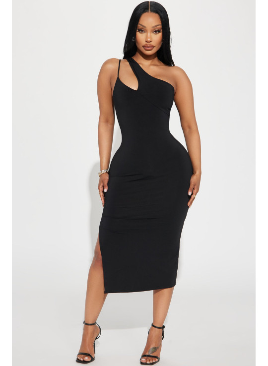 Сукня Міді з Одним Плечем - Чорний Сукня Міді з Одним Плечем - Чорний