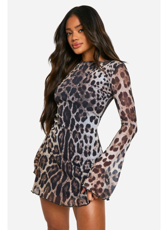 Міні-сукня з леопардовою сіткою з розкльошеними рукавами
