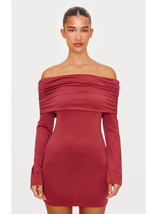 Бордова матова скульптурна двошарова міні-сукня Бардо з довгим рукавом і розкладним рукавом