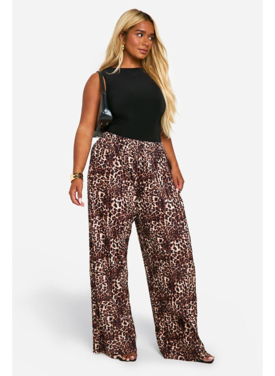 Плюс штани з широким ногами Plisse Leopard Print
