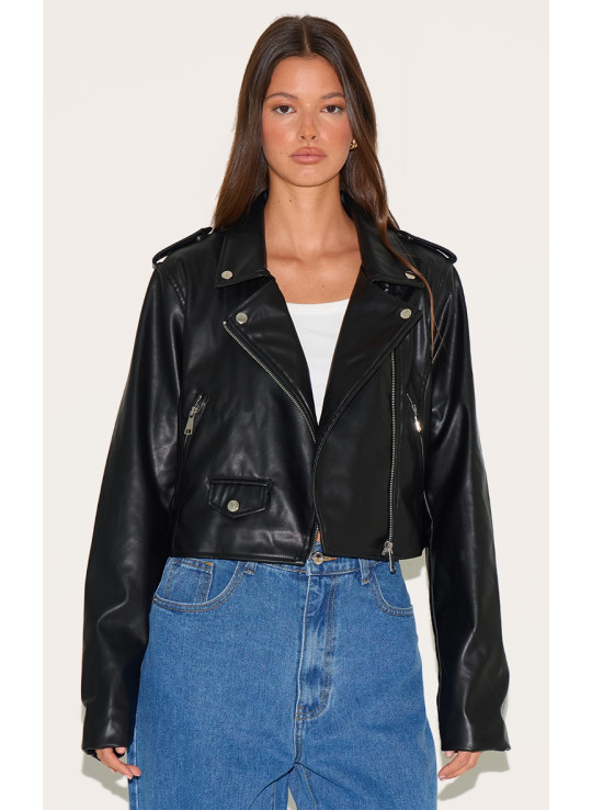 Чорна основна штучна шкіряна кишенька Деталі байкерська куртка Чорна основна штучна шкіряна кишенька Деталі байкерська куртка