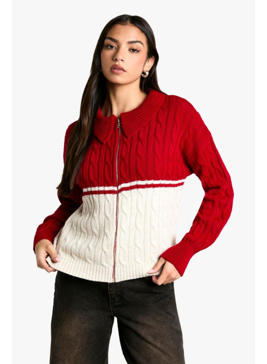 Кучерява в’язана деталь кабелю Zip через комірний джемпер Кучерява в’язана деталь кабелю Zip через комірний джемпер