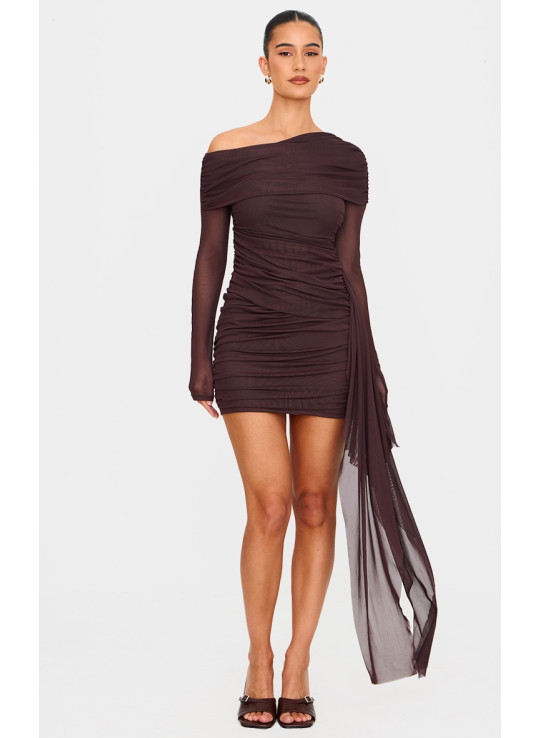 Шоколадна сітчаста міні-сукня з довгим рукавом і драпіруванням