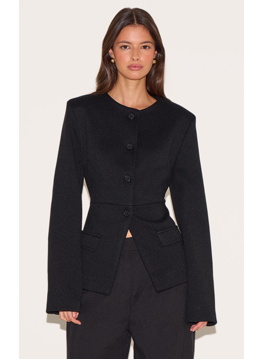 Чорна кнопка вгору на довгу лінію без коміра блейзера Чорна кнопка вгору на довгу лінію без коміра блейзера